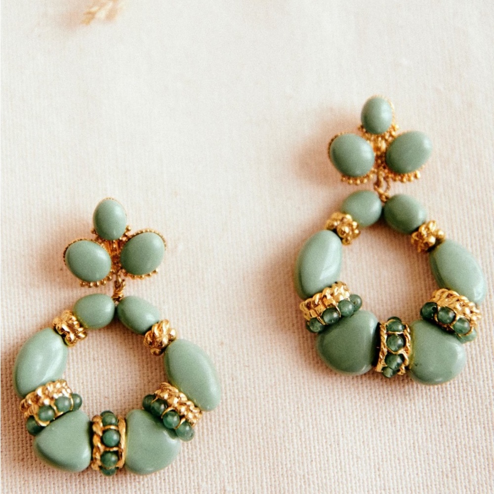 Sezane Green and Gold Beaded Hoop Drop Earrings - Picture 2 of 5